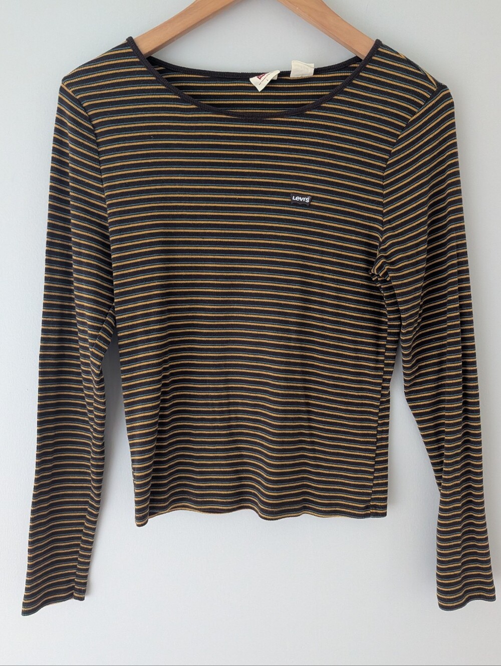 Levi's L Brown Mustard Teal Striped Ribbed Long Sleeve Top Y2K Skater